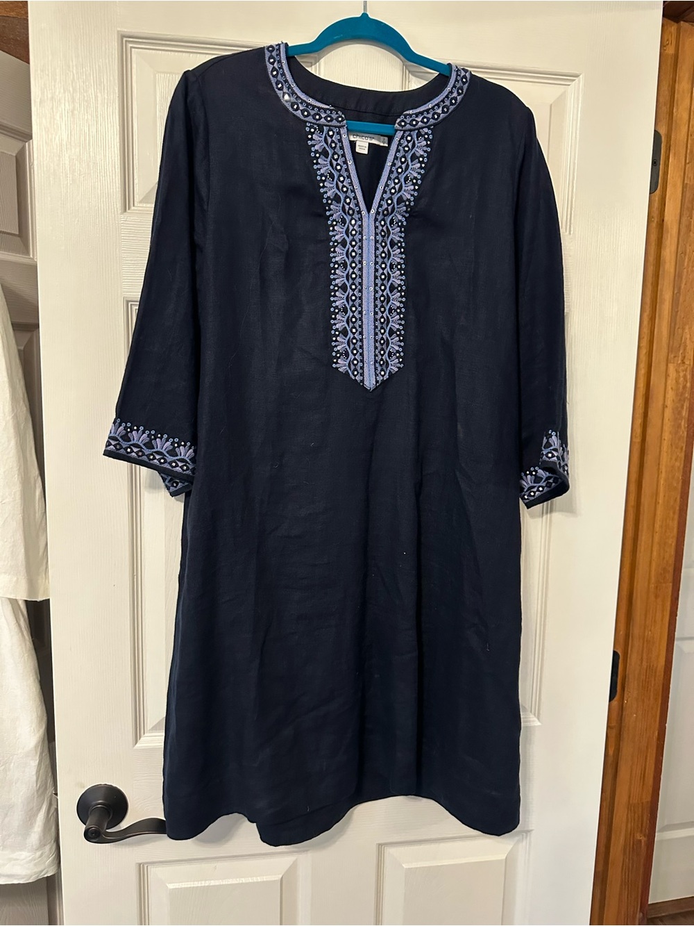 Chico's Navy Tunic Dress with Light Blue Embroidery